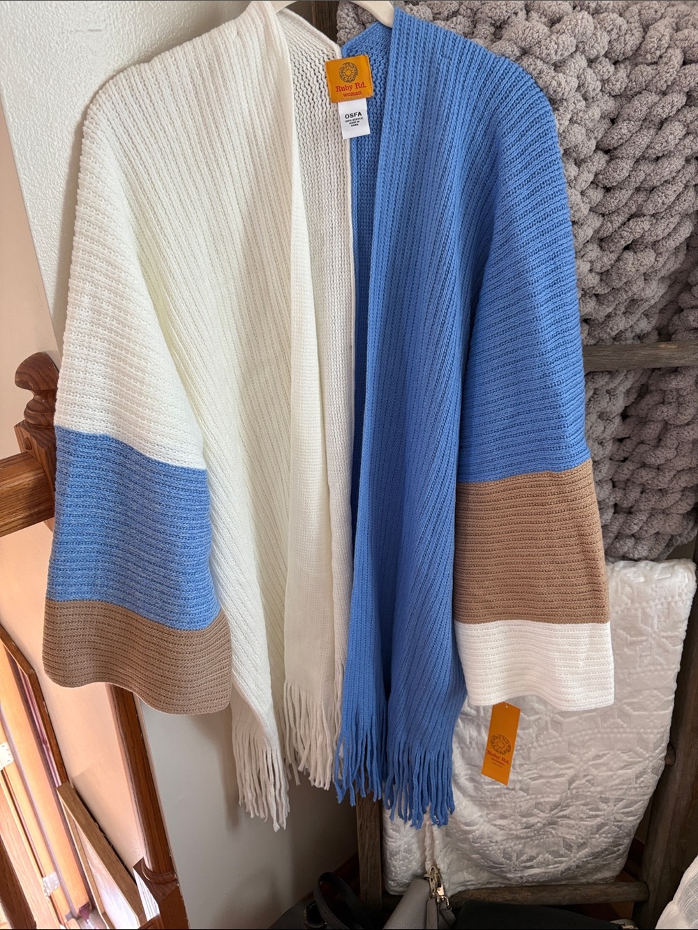 Ruby Rd. Blue, Cream & Brown Knit Fringe Wrap